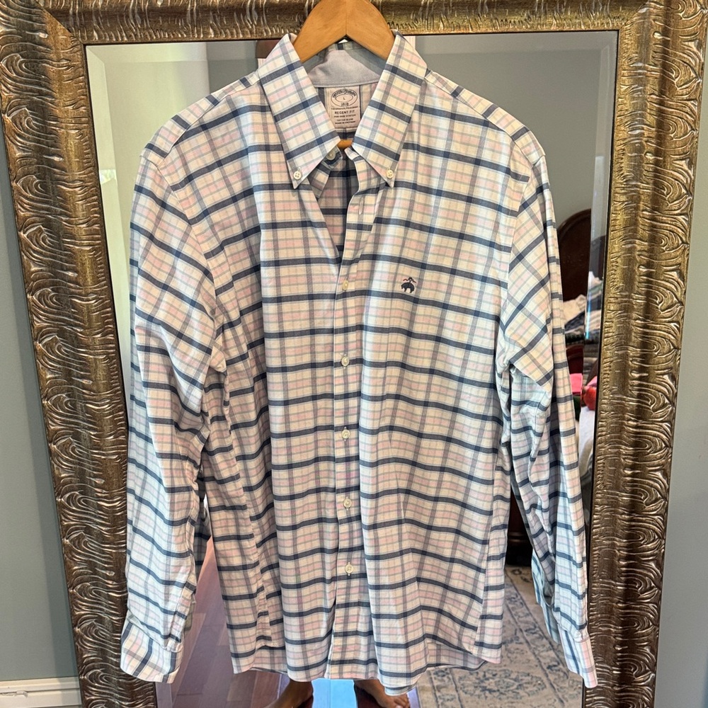 Brooks Brothers Men's White and Blue Plaid Shirt